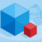 dwa sześciany czerwony oraz niebieski oraz plecak szkolny w tle