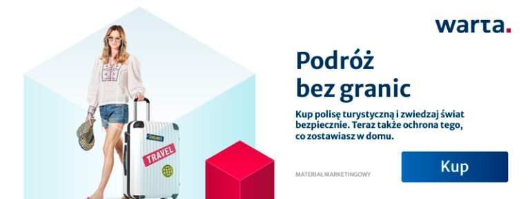 kobieta z walizka i napis podróż bez granic warta kup polisę turystyczną i zwiedzaj bez granic